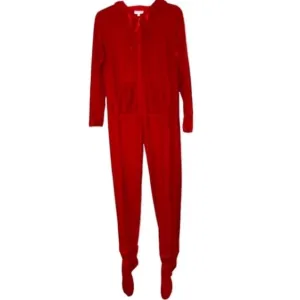 Hoodie Footie Velour Pajamas Onesie Cardinal Red Pj Feetie Pockets Thumb Hole M