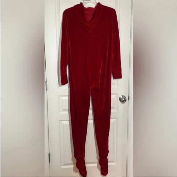 Hoodie Footie Velour Pajamas Onesie Cardinal Red Pj Feetie Pockets Thumb Hole M