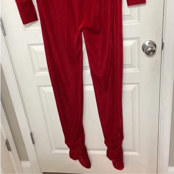 Hoodie Footie Velour Pajamas Onesie Cardinal Red Pj Feetie Pockets Thumb Hole M