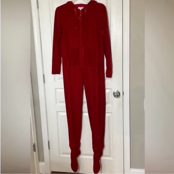 Hoodie Footie Velour Pajamas Onesie Cardinal Red Pj Feetie Pockets Thumb Hole M
