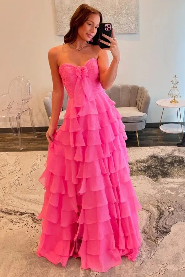 Hot Pink Chiffon Tiered A-line Sweetheart Long Prom Dresses With Slit, SLP046