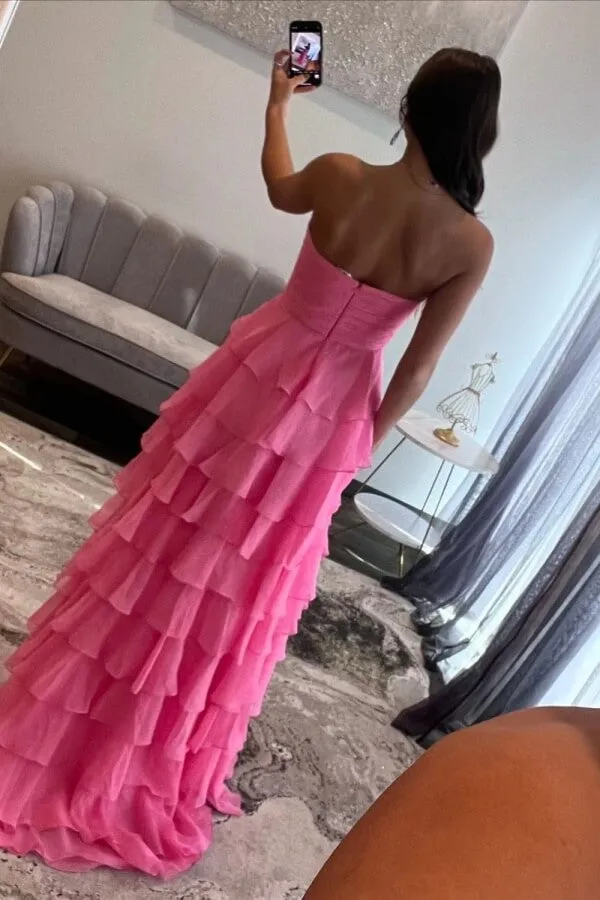 Hot Pink Chiffon Tiered A-line Sweetheart Long Prom Dresses With Slit, SLP046