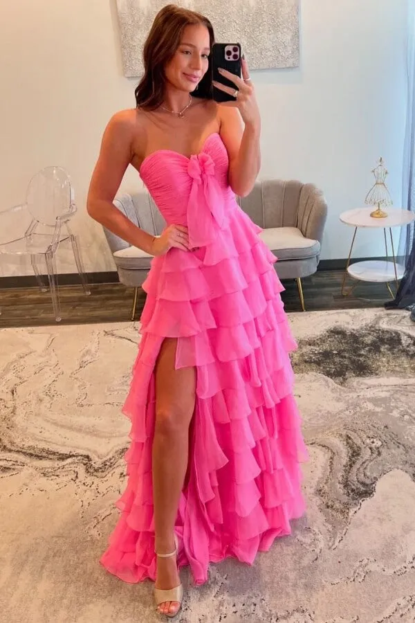 Hot Pink Chiffon Tiered A-line Sweetheart Long Prom Dresses With Slit, SLP046