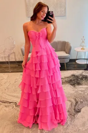 Hot Pink Chiffon Tiered A-line Sweetheart Long Prom Dresses With Slit, SLP046