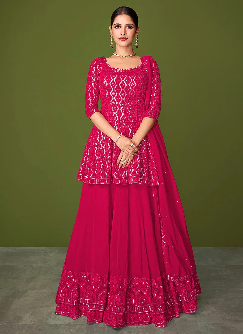 Hot Pink Sequence Embroidered Lehenga Kurti Suit