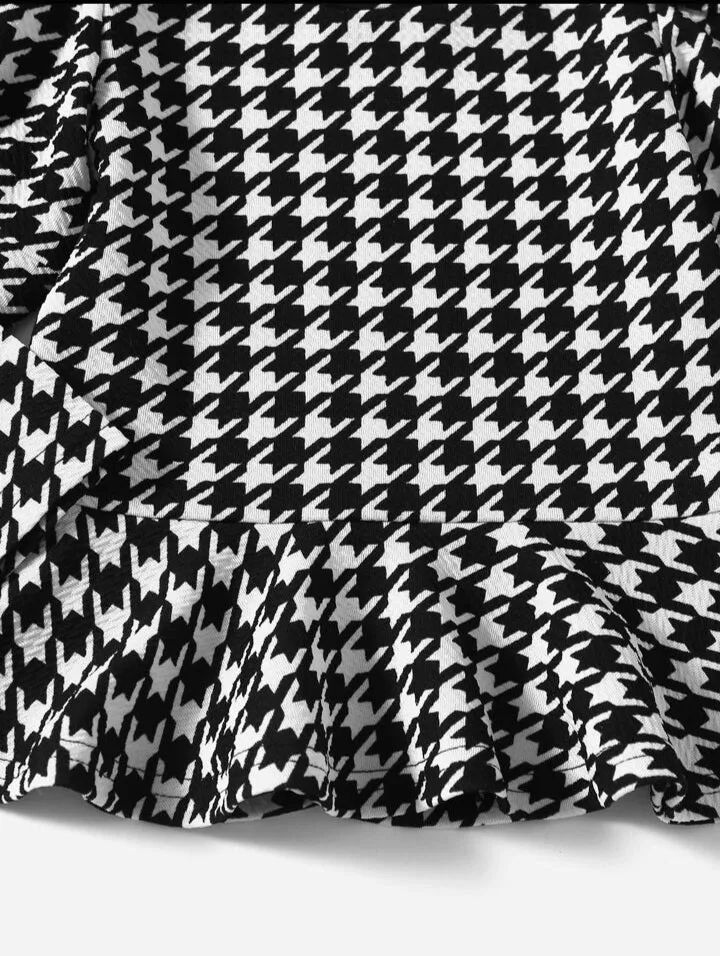 Houndstooth Print Puffsleeve Peplum Top