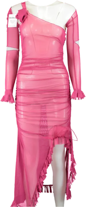 House of Sunny Pink One-Shoulder Ruffle Mesh Dress UK 6
