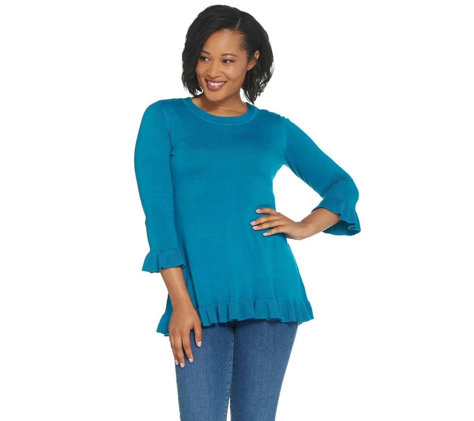 Isaac Mizrahi Live! Women's 3/4 Sleeve Peplum Sweater Surf Blue XL