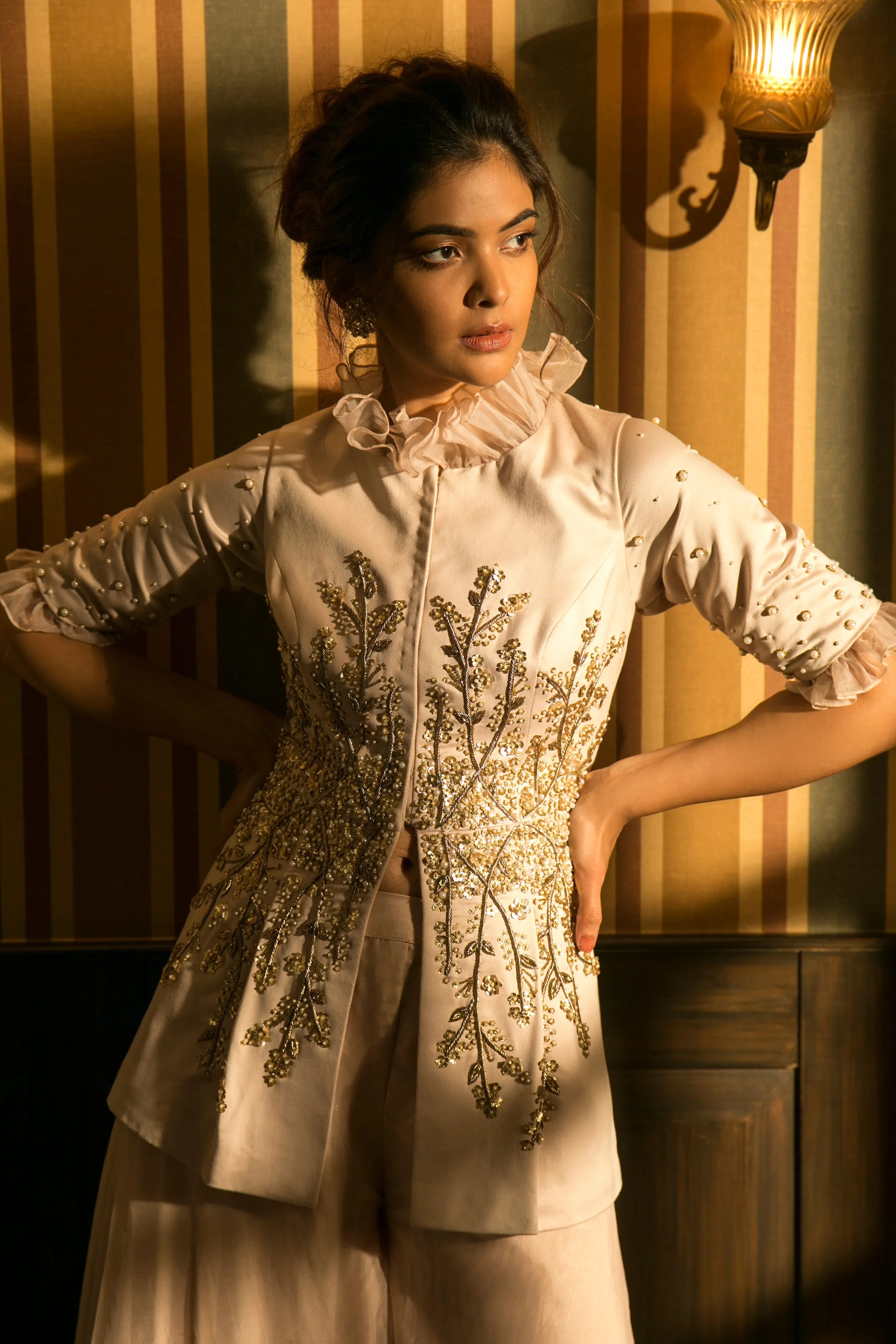 Ivory Peplum Jacket With Palazzo