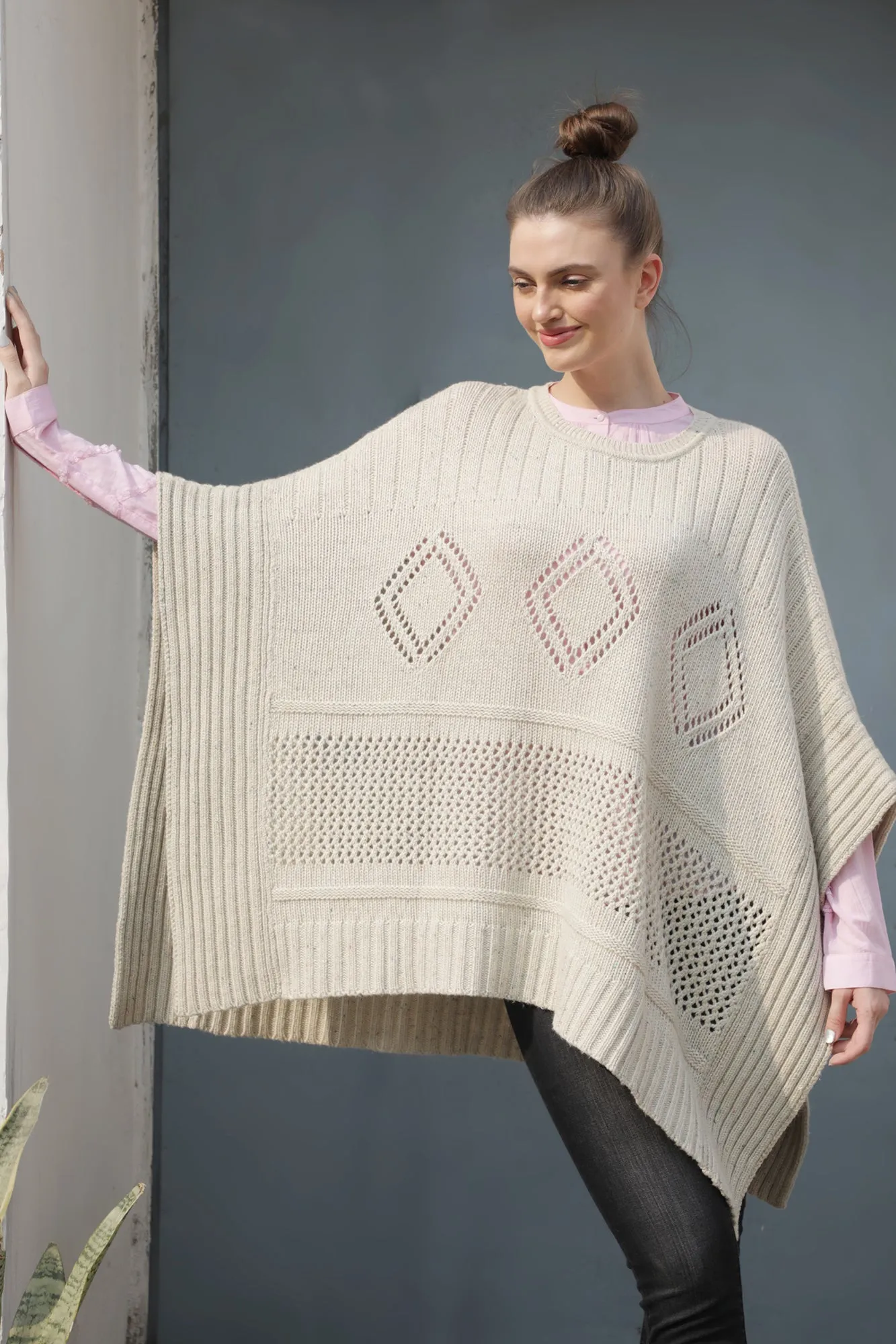 Ivory Wool Cashmere Blend Poncho