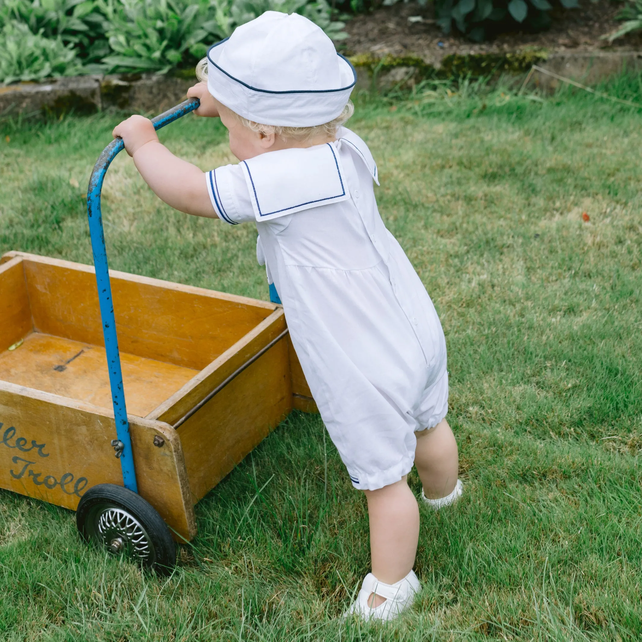 Jaden White Linen Boys Sailor Romper with Hat