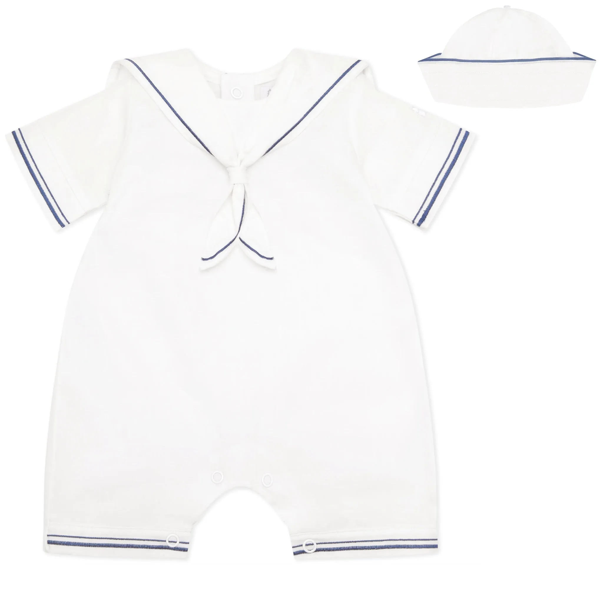 Jaden White Linen Boys Sailor Romper with Hat