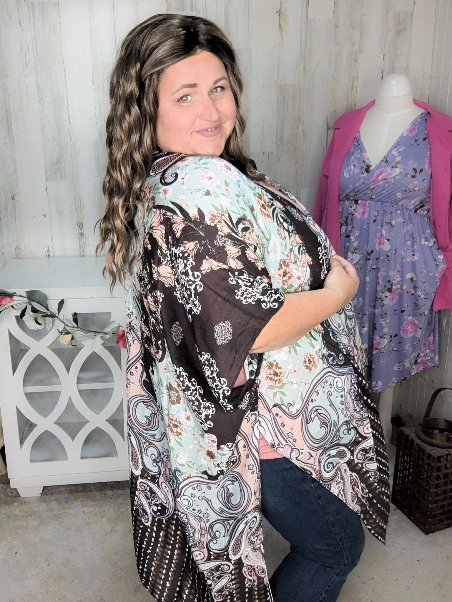 Janis Paisley   Floral Kimono in Mint Chocolate