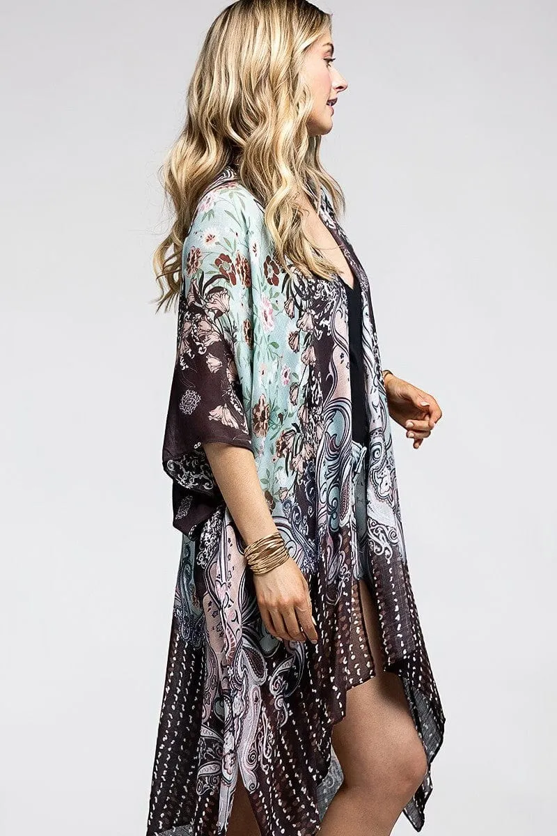 Janis Paisley   Floral Kimono in Mint Chocolate