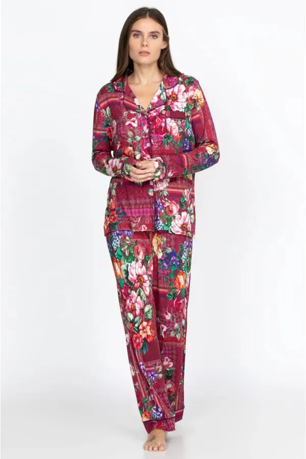 Johnny Was Bethia Long Cotton Floral PJ Set Sleepwear Home Lounge Flower Red NEW