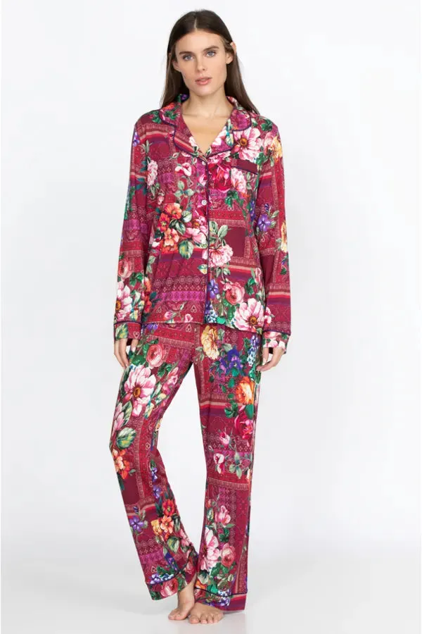 Johnny Was Bethia Long Cotton Floral PJ Set Sleepwear Home Lounge Flower Red NEW
