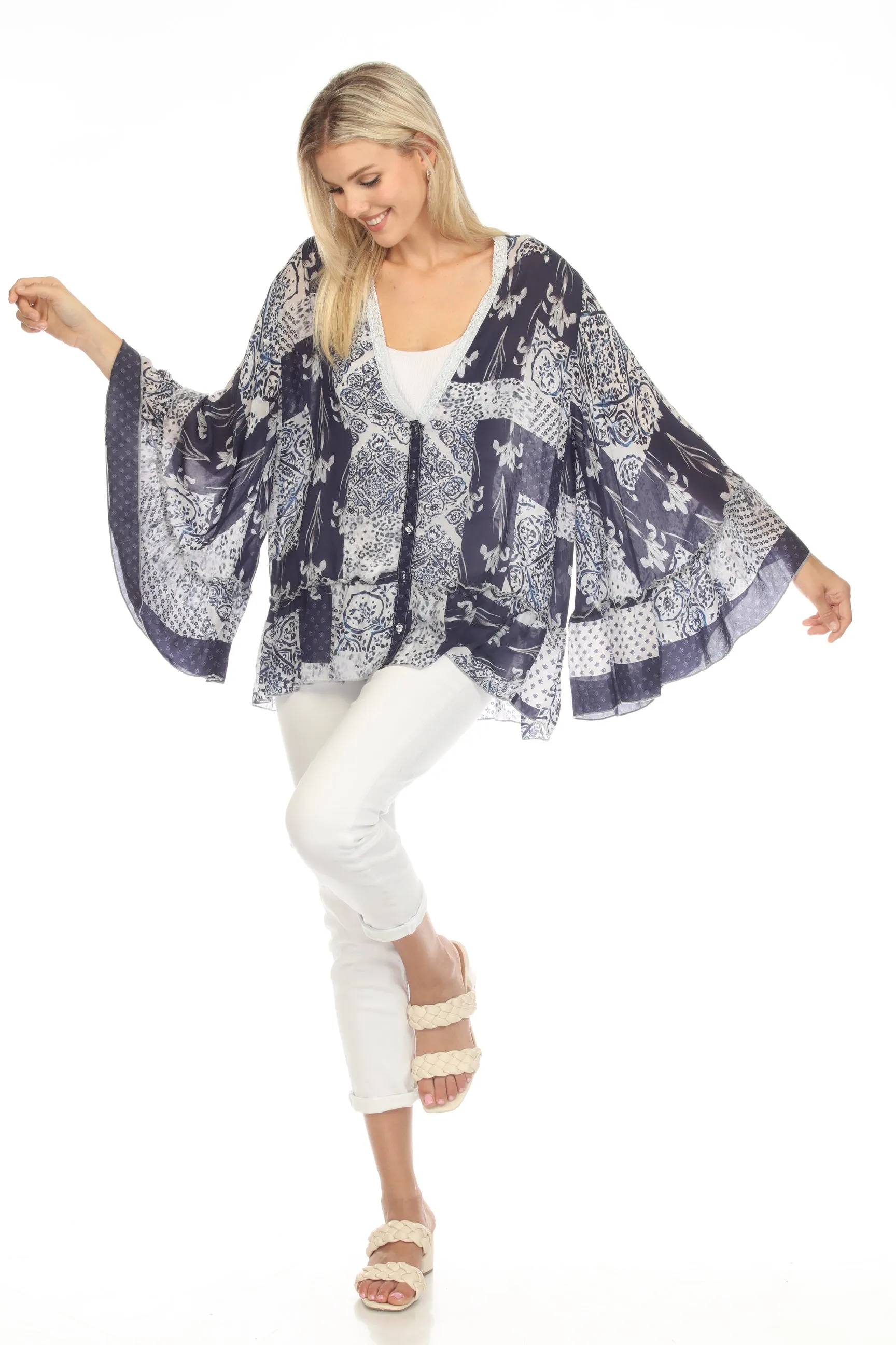 Johnny Was Blue Tangier Georgina Button Front Kimono Boho Chic C45823A2
