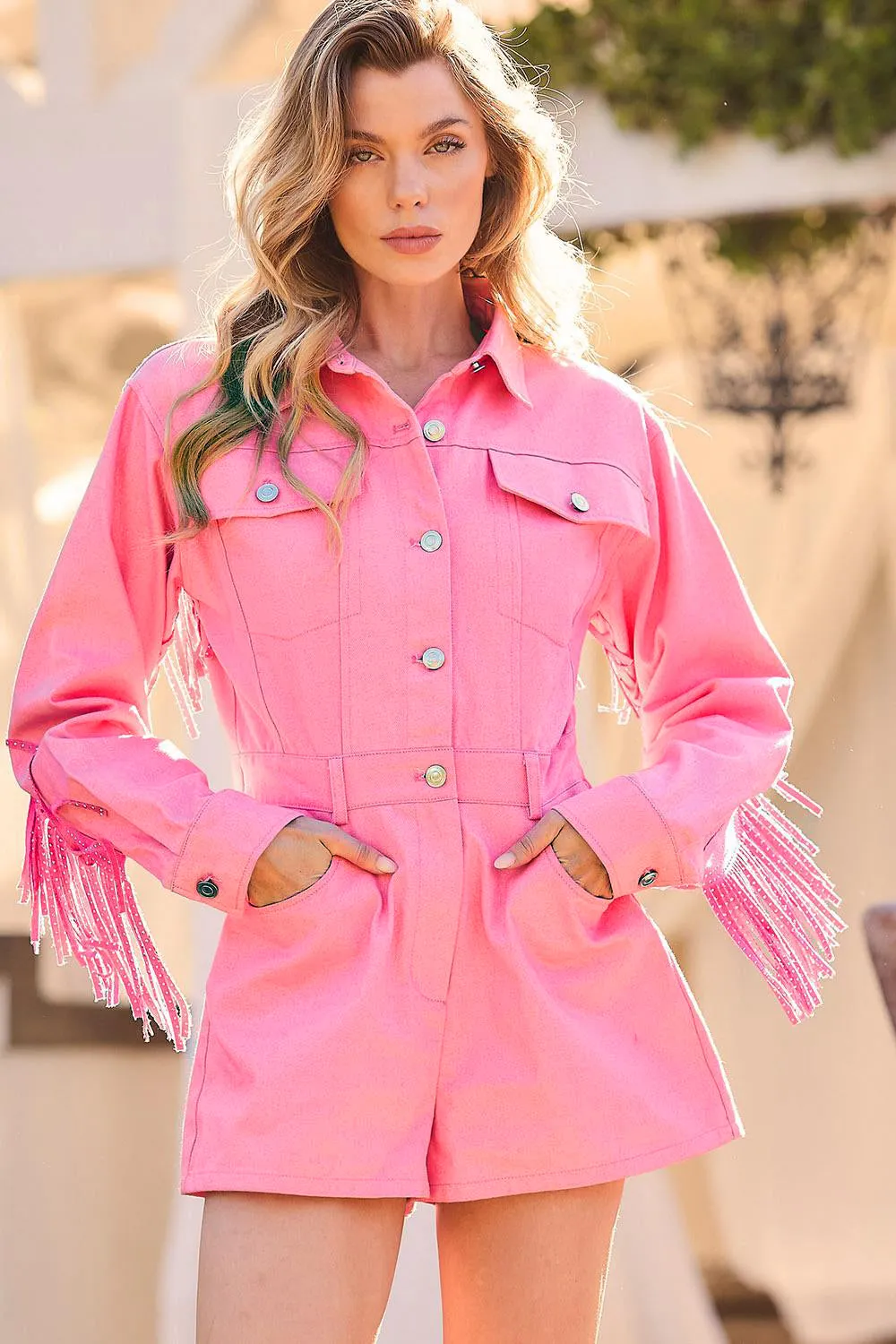 Kiernan Tassel Fringe Long Sleeve Denim Romper - Pink