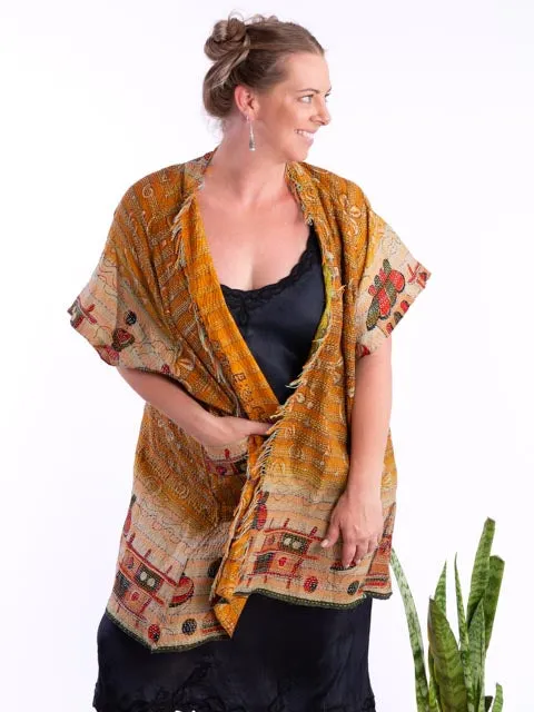 Kimono - silk reversible featuring hand stitching and pockets - village scene 2