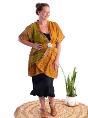 Kimono - silk reversible featuring hand stitching and pockets - village scene 2