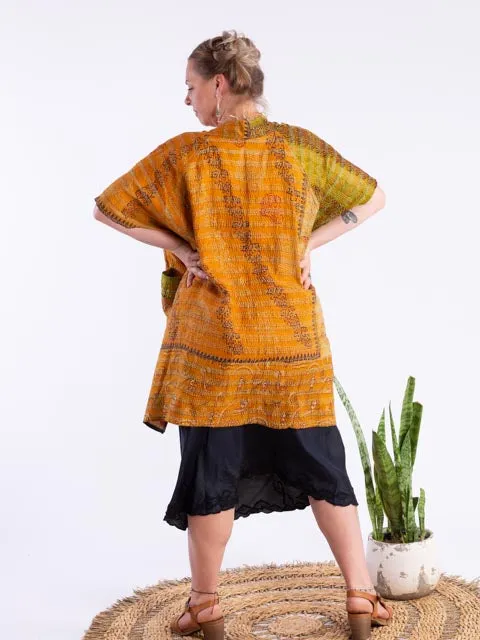 Kimono - silk reversible featuring hand stitching and pockets - village scene 2