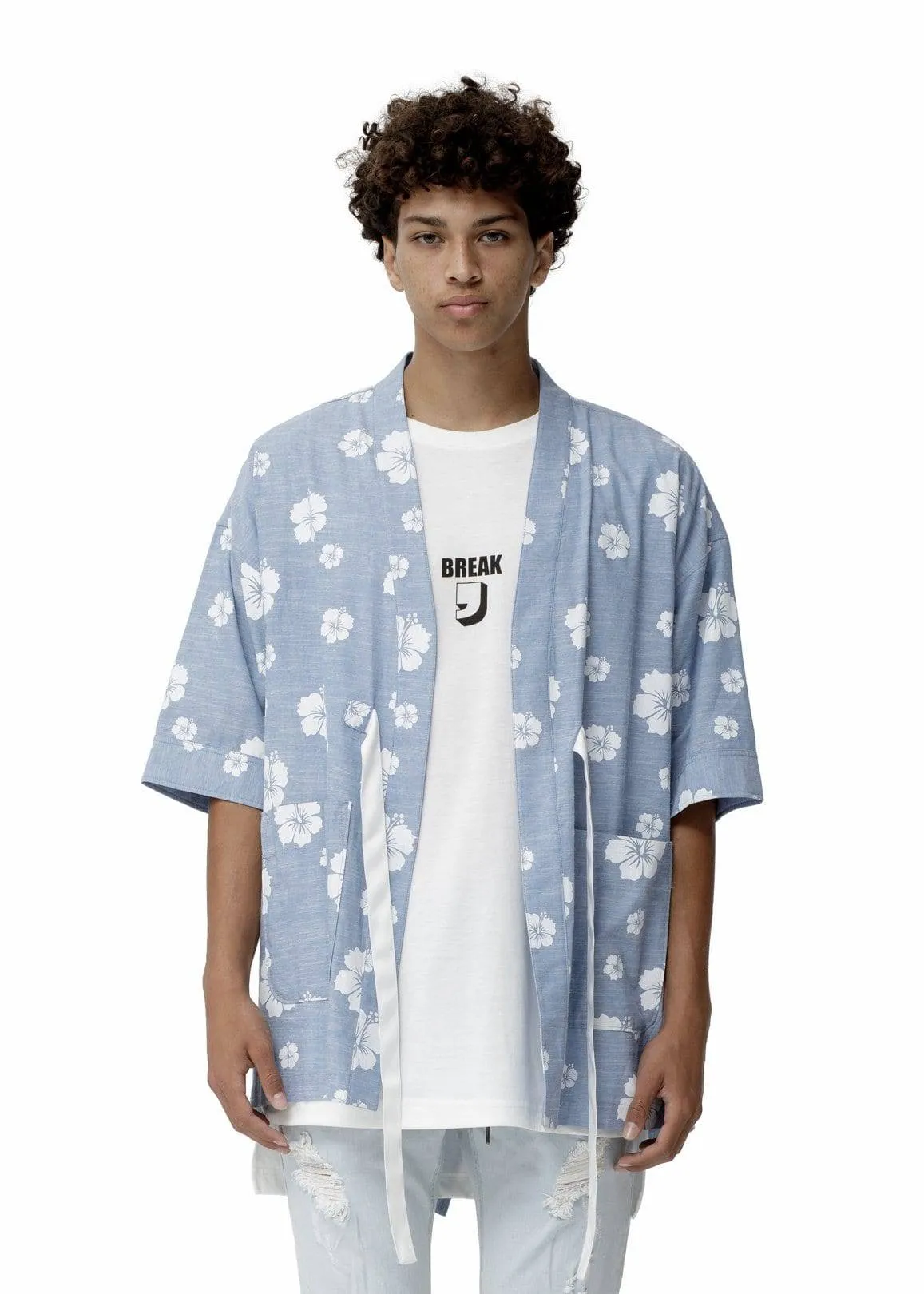 Konus Men's Floral Kimono Shirt in Blue