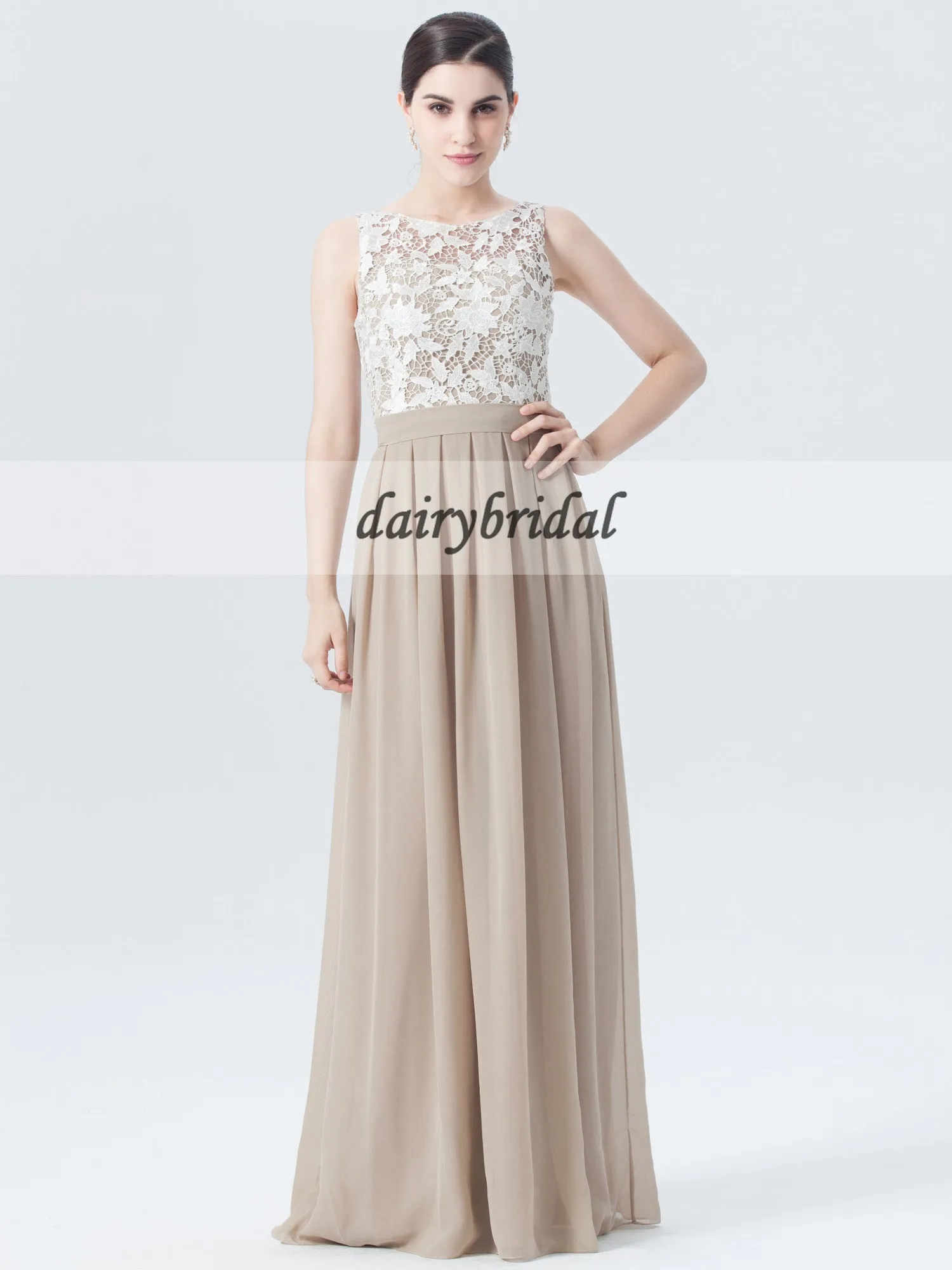 Lace Top Bridesmaid Dress, Chiffon Floor-Length Bridesmaid Dress, D458