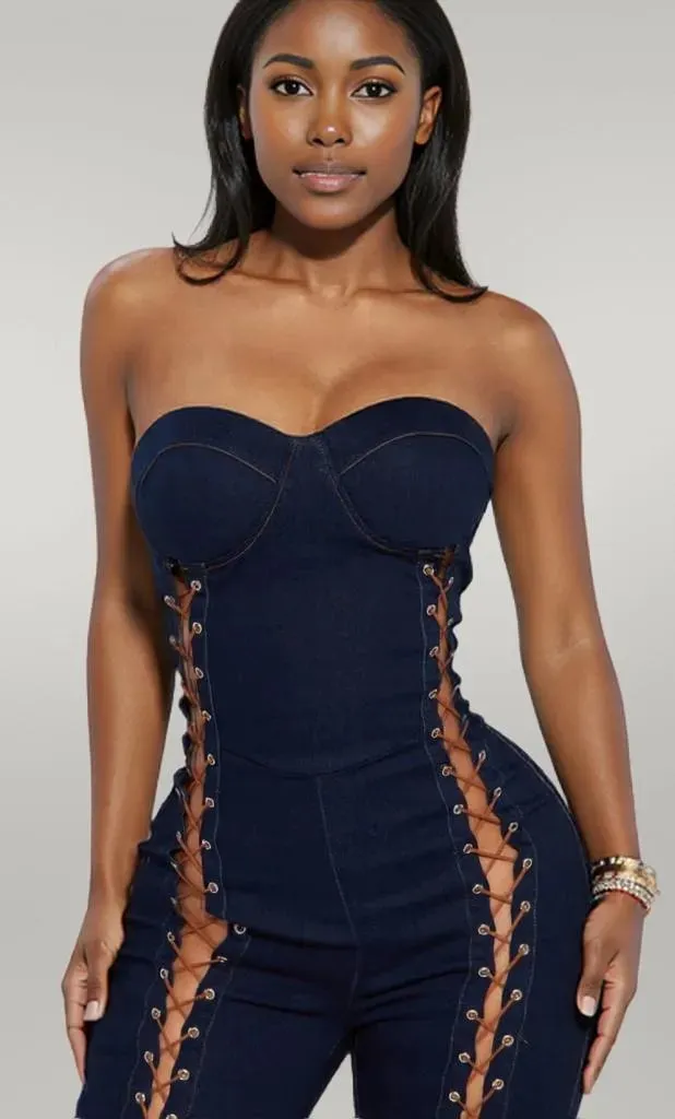 Lace Up Detail Denim Jumpsuit