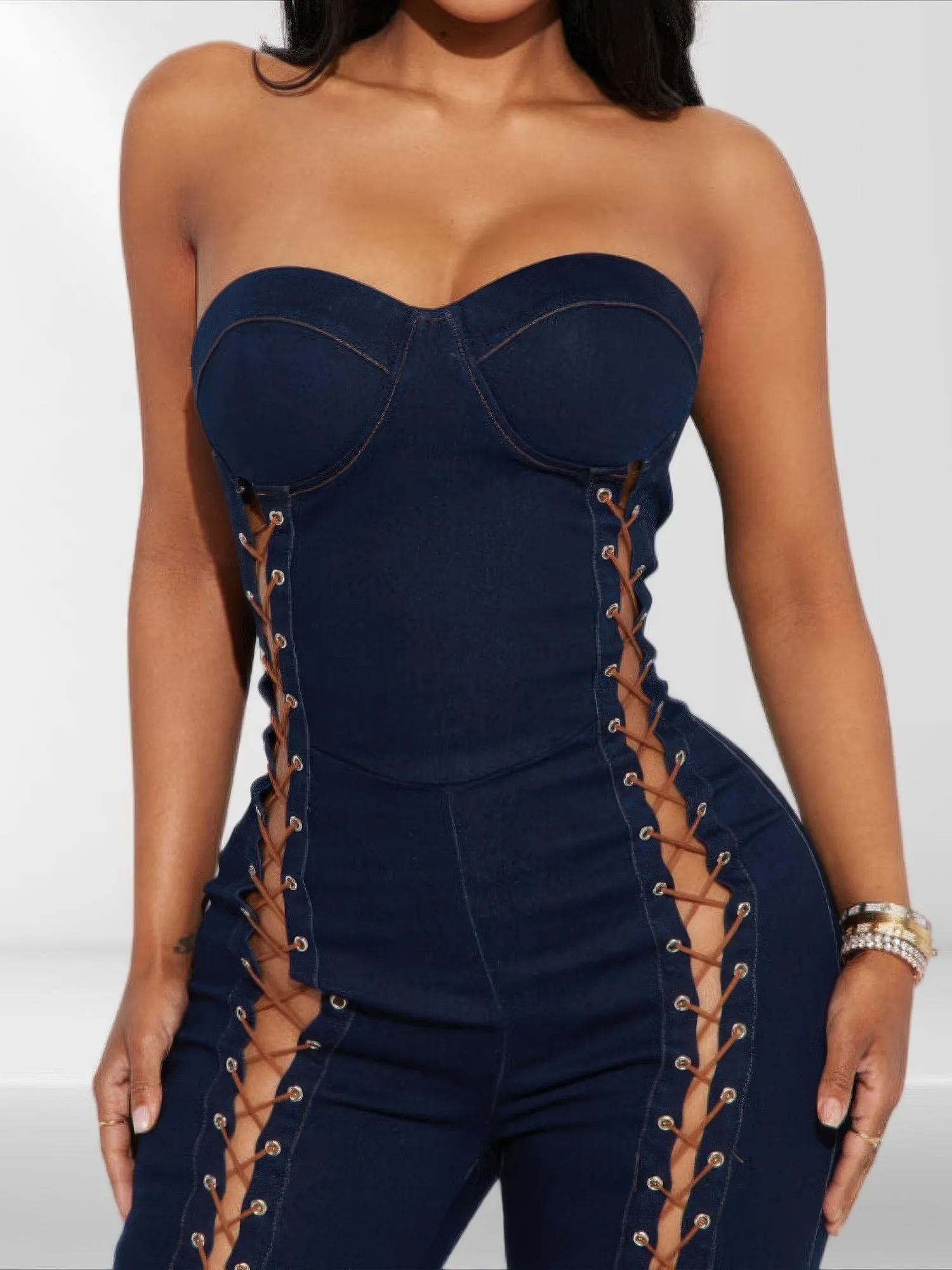 Lace Up Detail Denim Jumpsuit