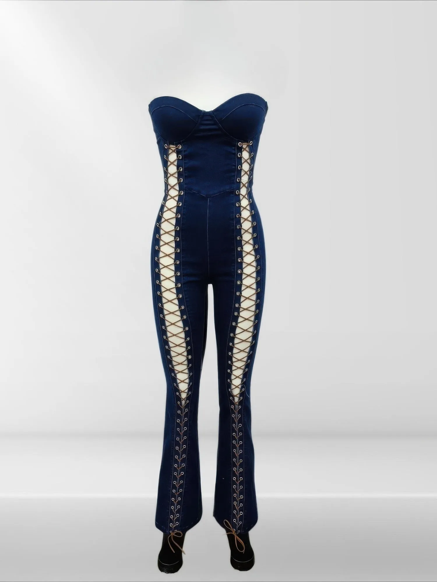 Lace Up Detail Denim Jumpsuit