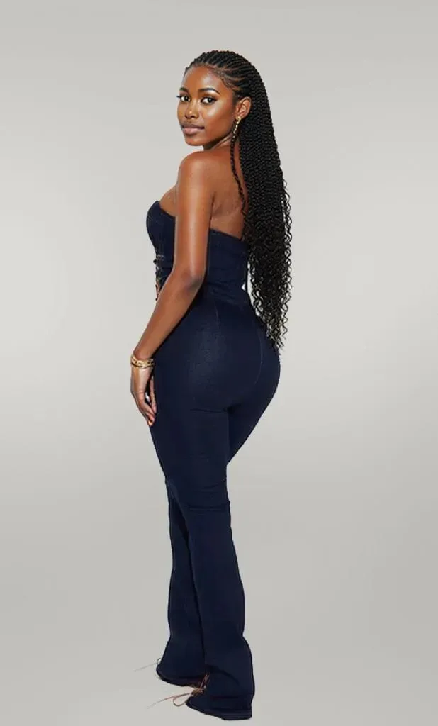 Lace Up Detail Denim Jumpsuit