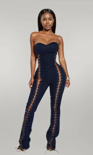 Lace Up Detail Denim Jumpsuit