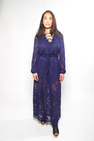 Lace-Up Long Sleeve Ruffled Front Dress