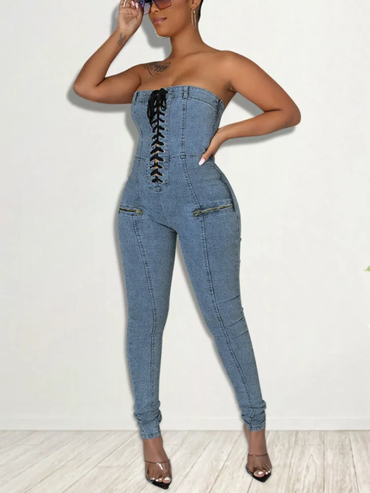 Lace-up Strapless Denim Jumpsuit