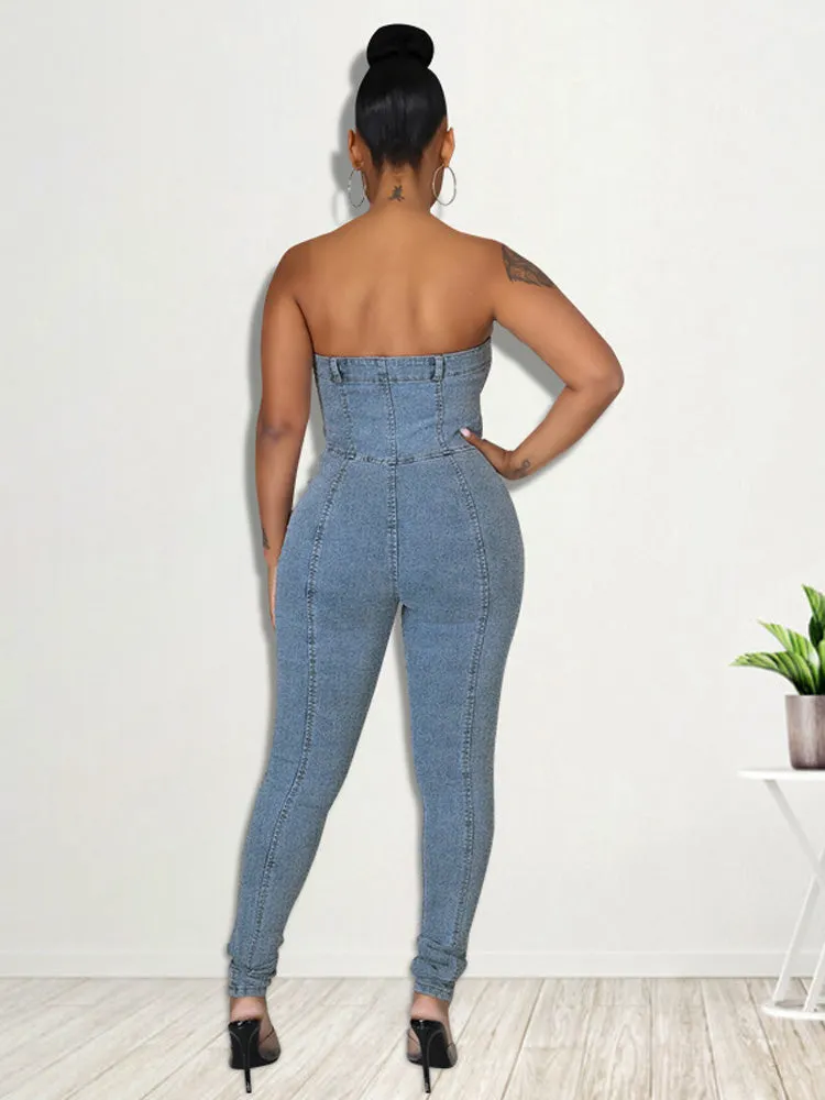 Lace-up Strapless Denim Jumpsuit
