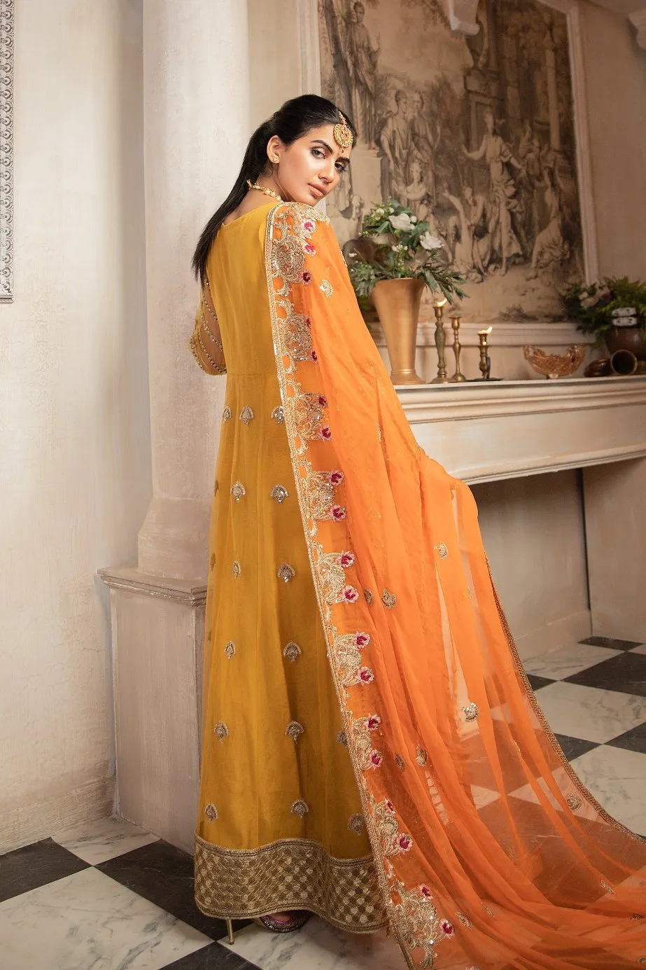 Latest Anarkali Frock In Mustard Yellow and Orange Combo # CA116