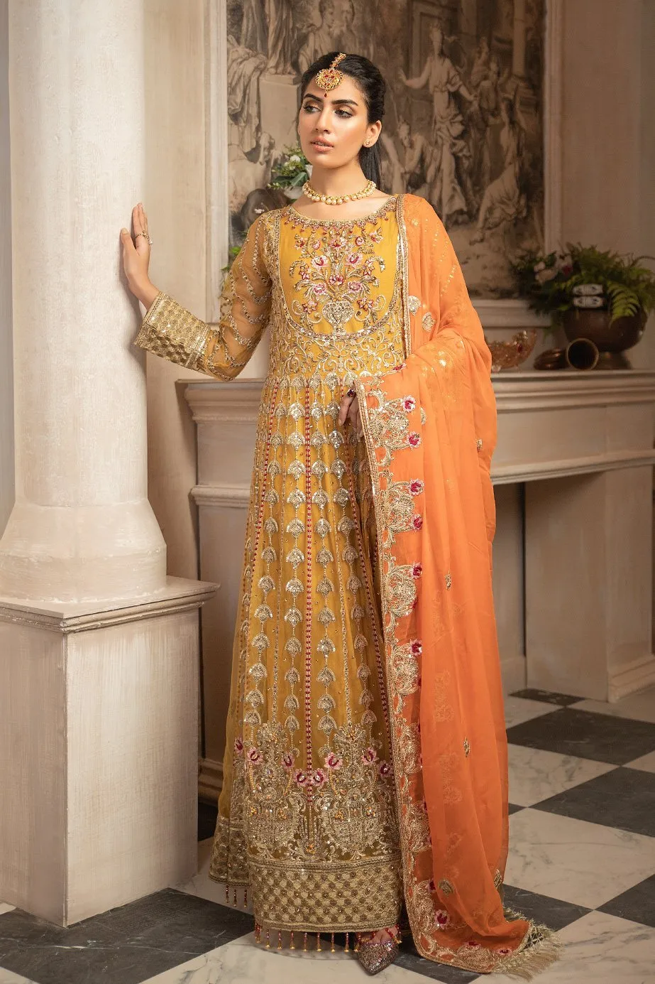 Latest Anarkali Frock In Mustard Yellow and Orange Combo # CA116
