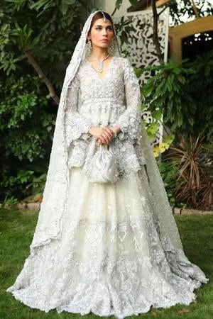 Latest bridal designer walima dress in lavish silver and ivory color # B3438