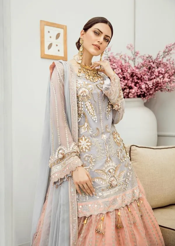 Latest Designer Wedding Party Sharara In Grey And Peach # CA128