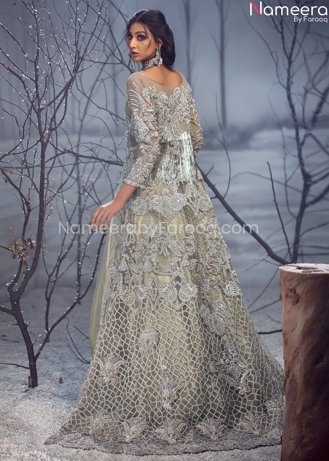 Latest Pakistani Maxi Dress Lehenga Ivory Color #BB214