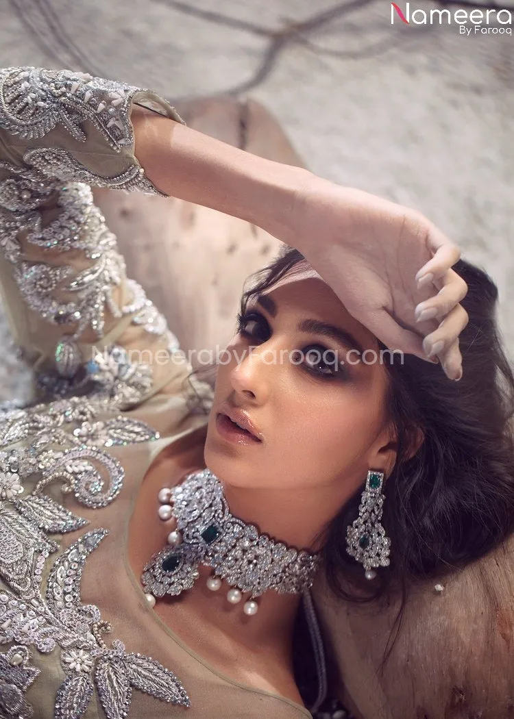 Latest Pakistani Maxi Dress Lehenga Ivory Color #BB214