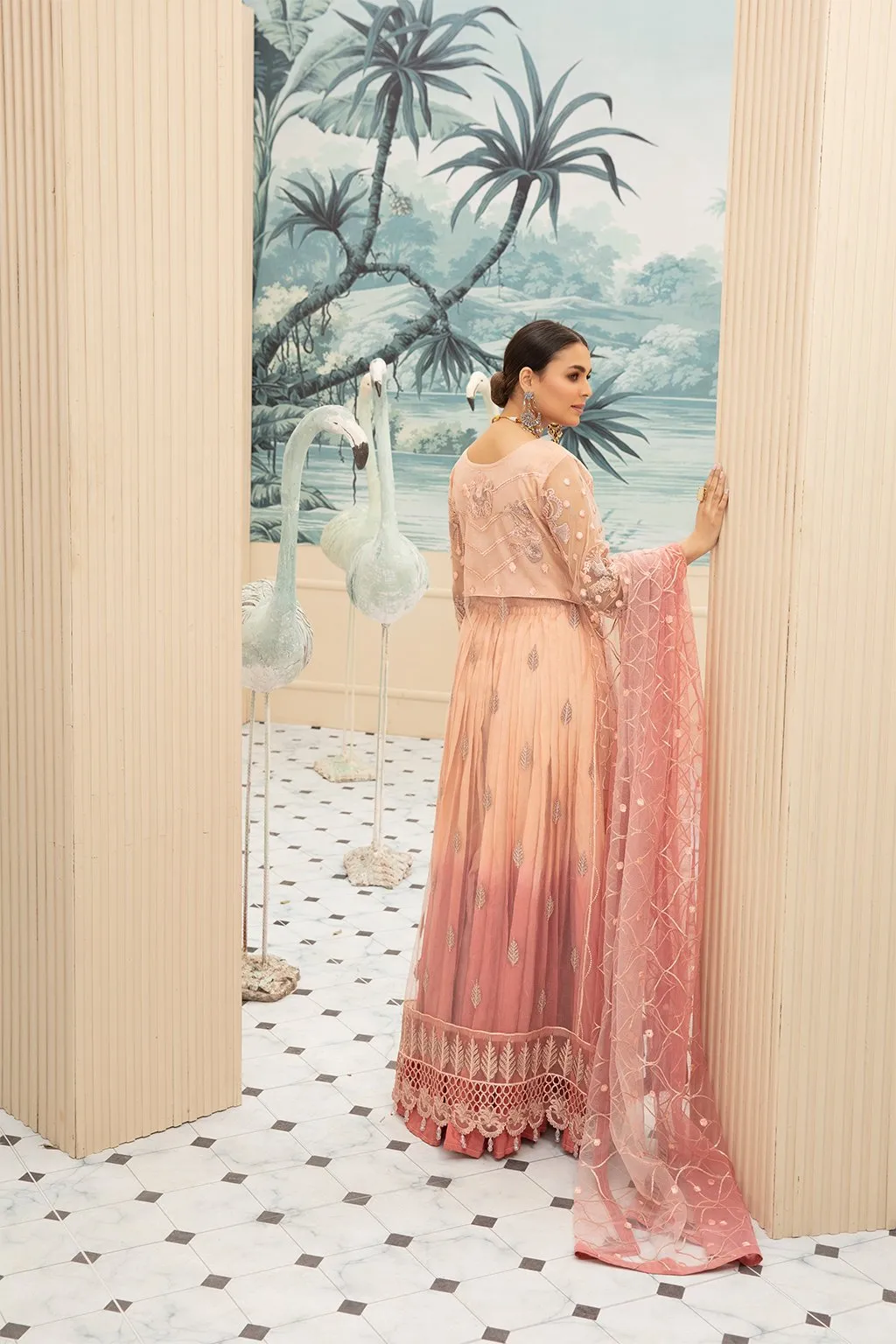 Latest Pakistani Net Maxi In Peachy Pink Shades # C2083