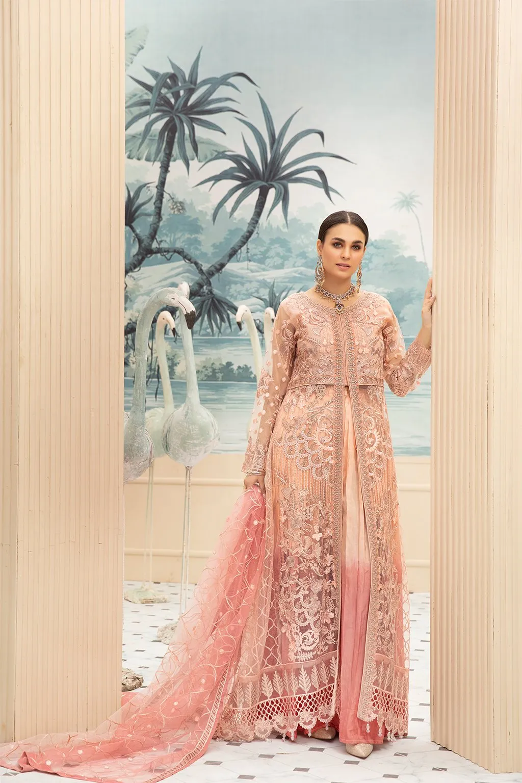 Latest Pakistani Net Maxi In Peachy Pink Shades # C2083
