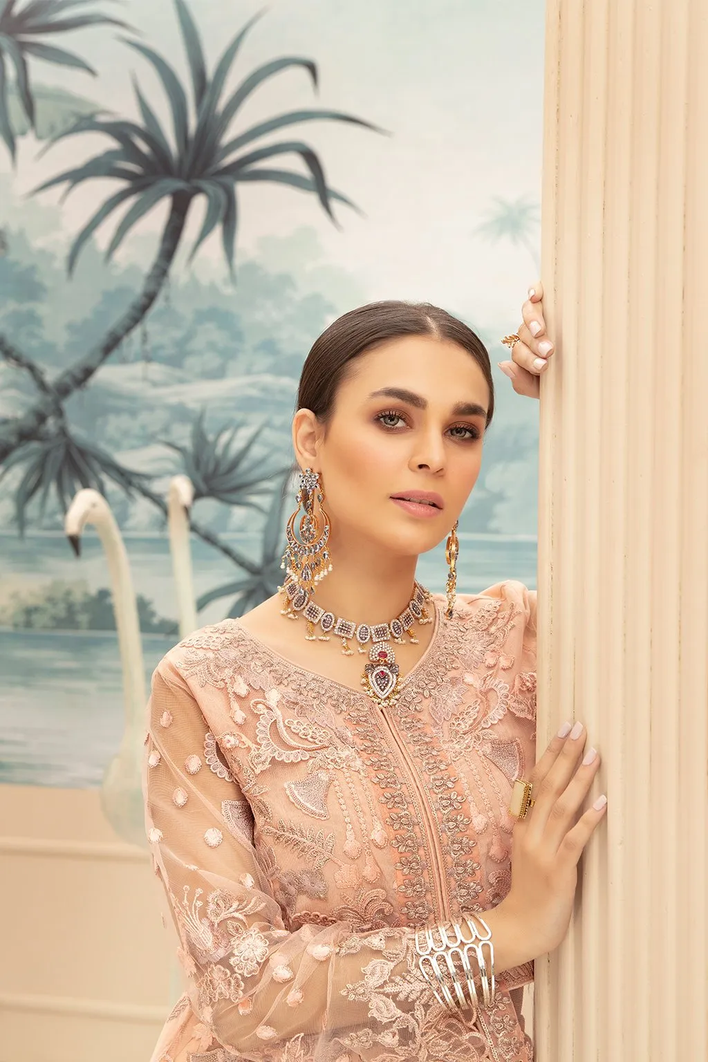 Latest Pakistani Net Maxi In Peachy Pink Shades # C2083