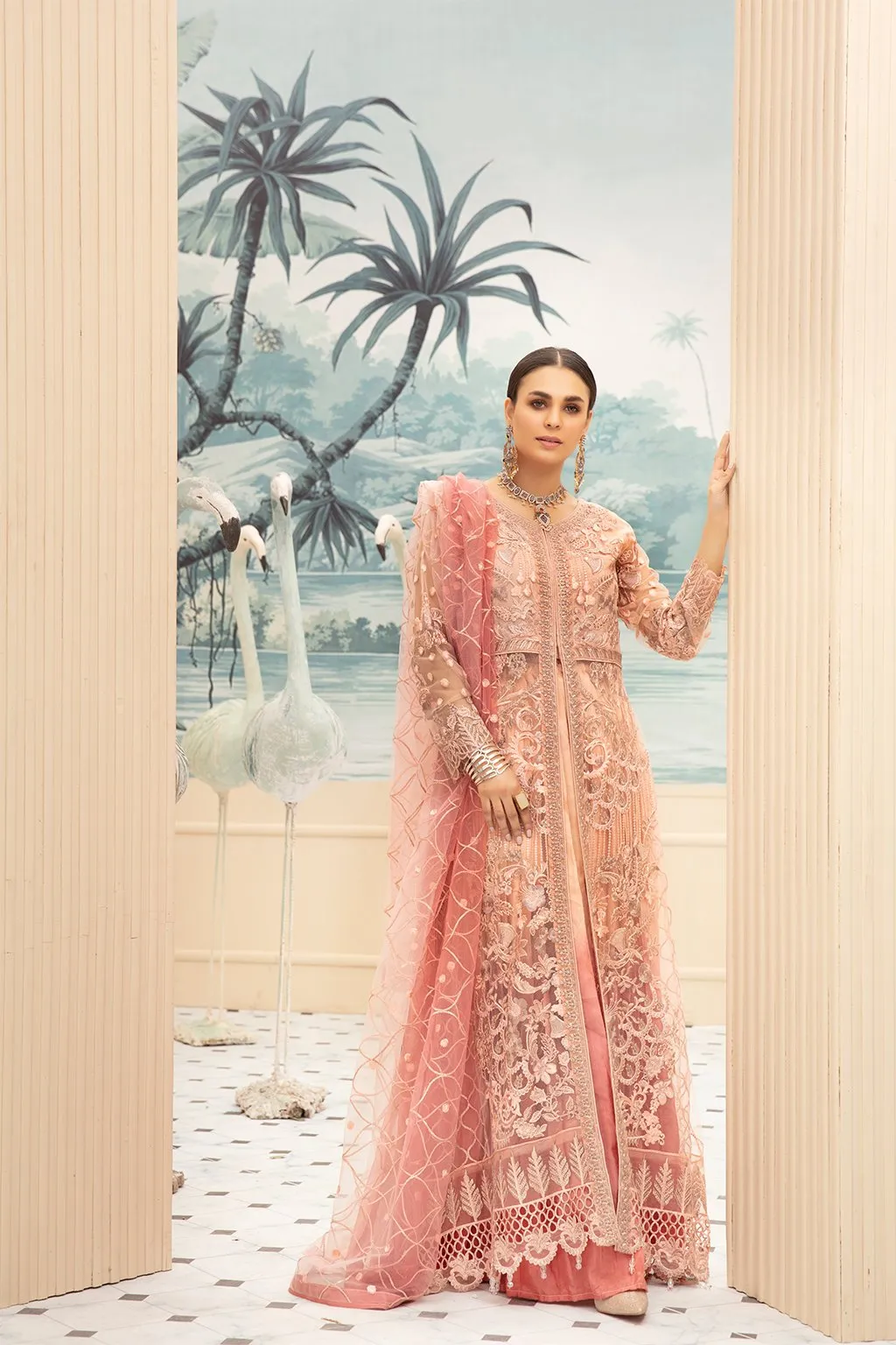 Latest Pakistani Net Maxi In Peachy Pink Shades # C2083