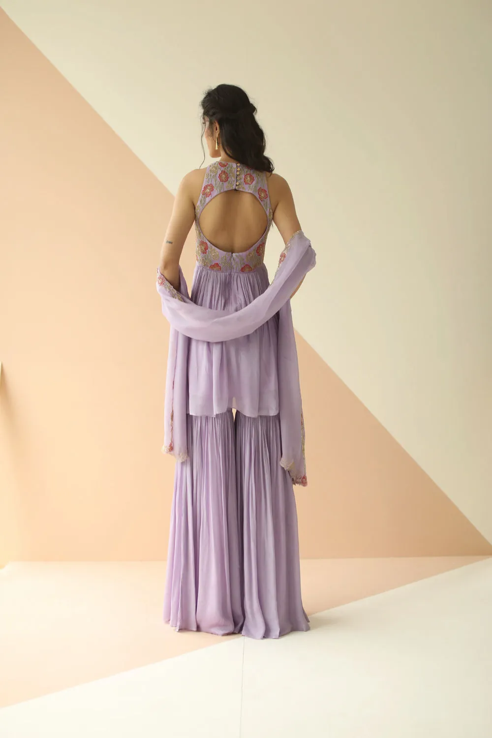 LAVENDER HEAVY YOKE PEPLUM SHARARAWITH CUTWORK BORDER DUPATTA