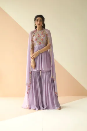 LAVENDER HEAVY YOKE PEPLUM SHARARAWITH CUTWORK BORDER DUPATTA