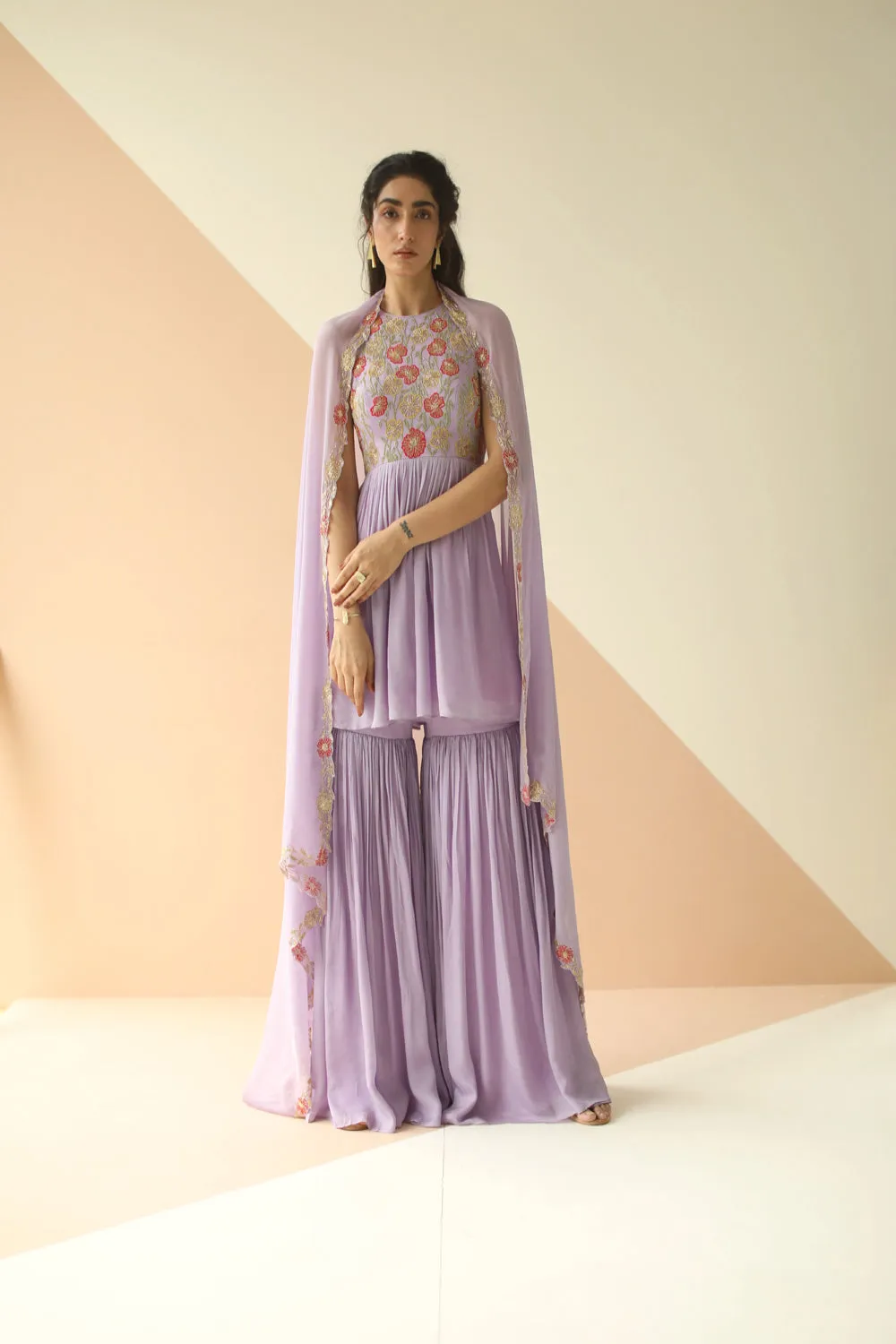 LAVENDER HEAVY YOKE PEPLUM SHARARAWITH CUTWORK BORDER DUPATTA