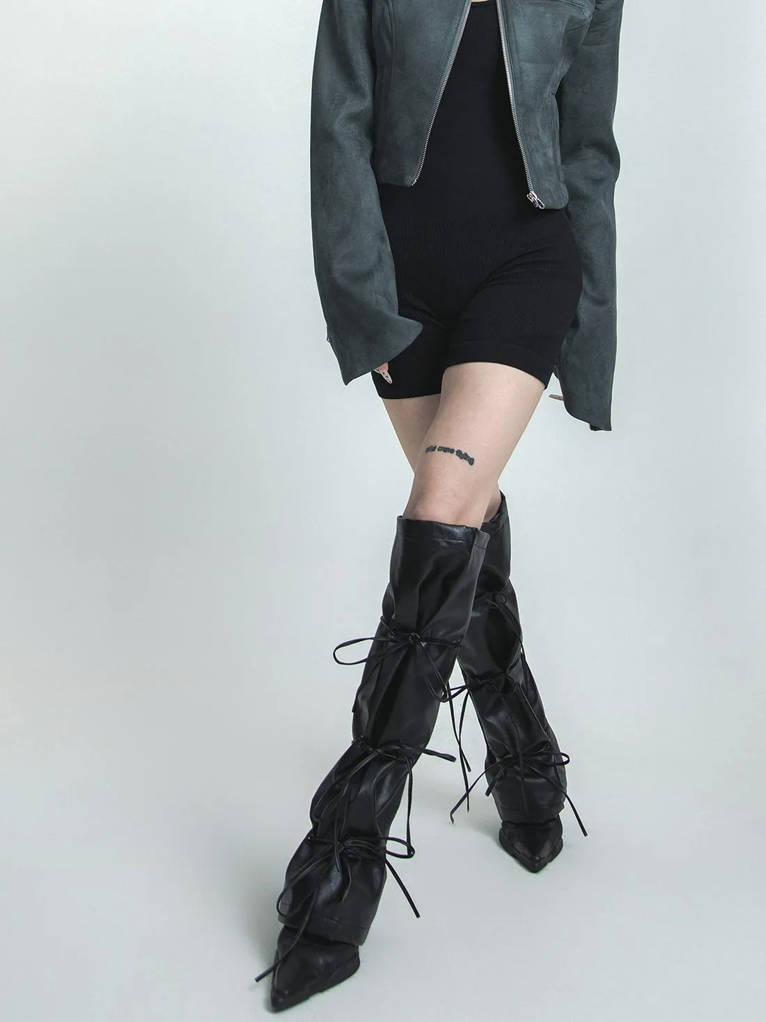 Leather bow legwarmers