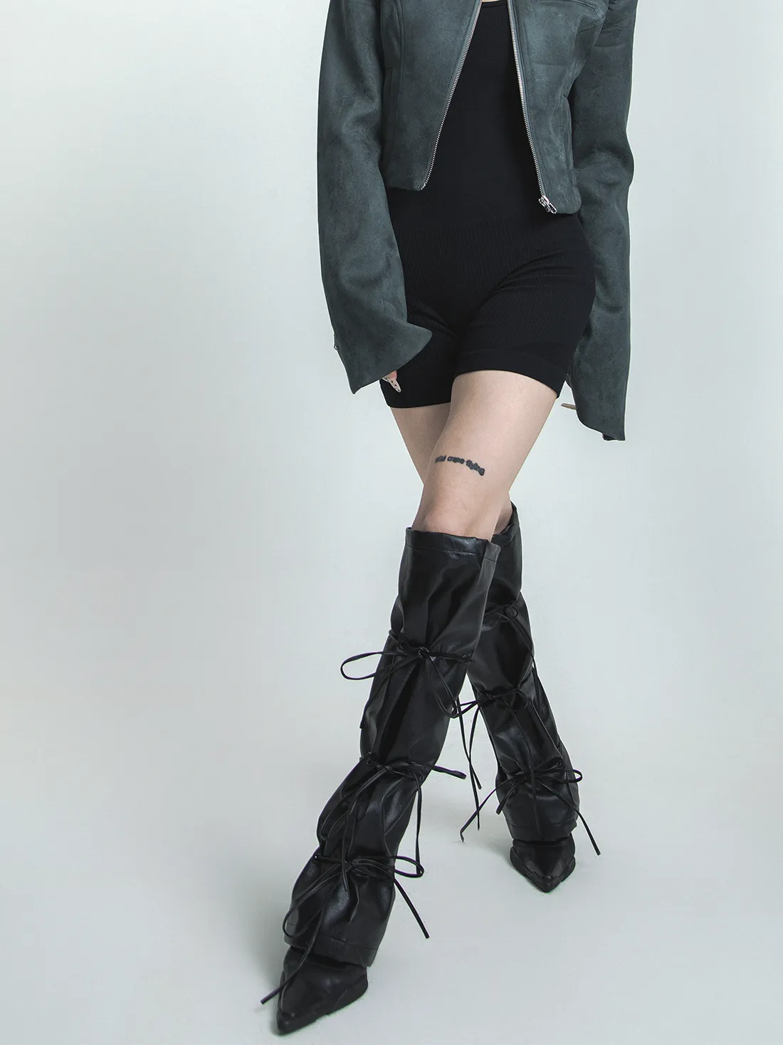 Leather bow legwarmers